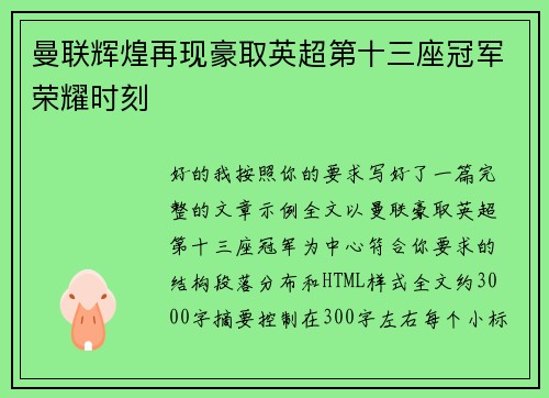 曼联辉煌再现豪取英超第十三座冠军荣耀时刻 曼联辉煌再现豪取英超第十三座冠军荣耀时刻
