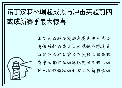 诺丁汉森林崛起成黑马冲击英超前四或成新赛季最大惊喜